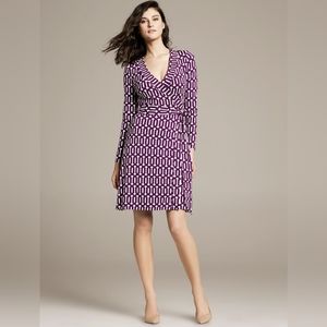 Banana Republic long-sleeve, plum geometric-patterned wrap dress, size M Tall
